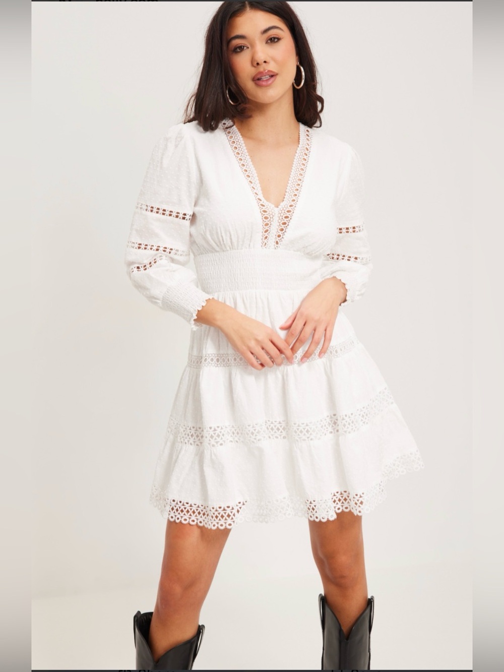 White Lace V-Neck Tiered Mini Resort Wear Dress